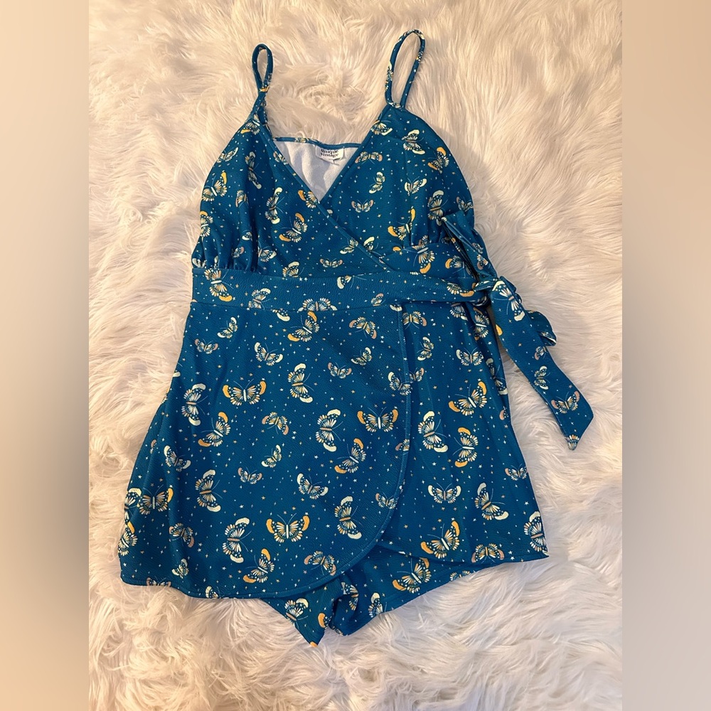 Unique Vintage Teal Butterfly Wrap Romper with Yellow Accents